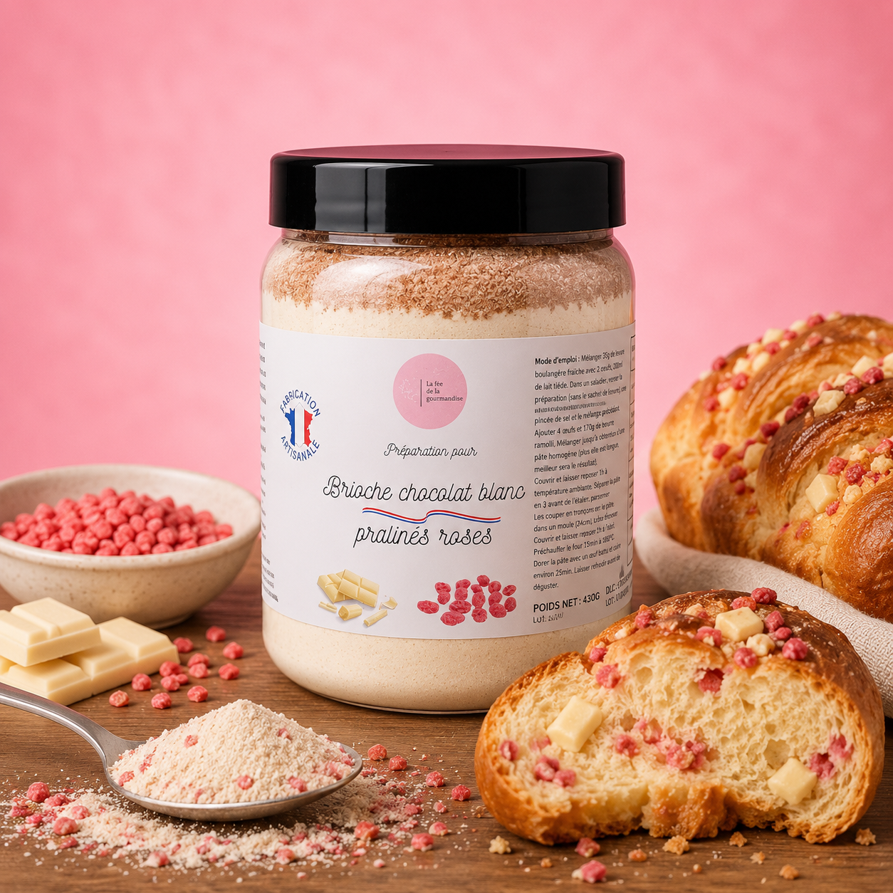 La fée de la gourmandise Brioche chocolat blanc pralines 430g