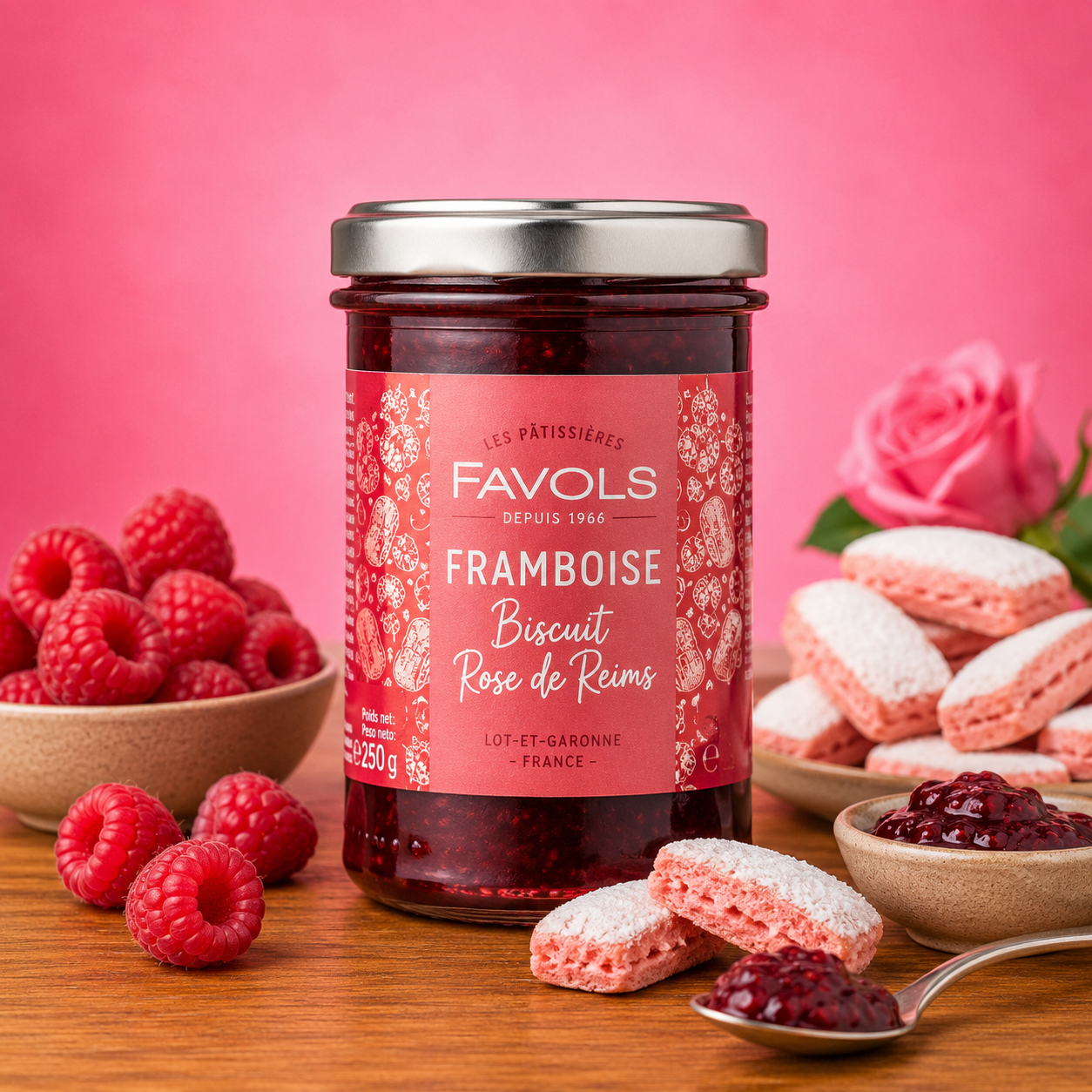 La fée de la gourmandise Confiture framboise biscuit rose 250g