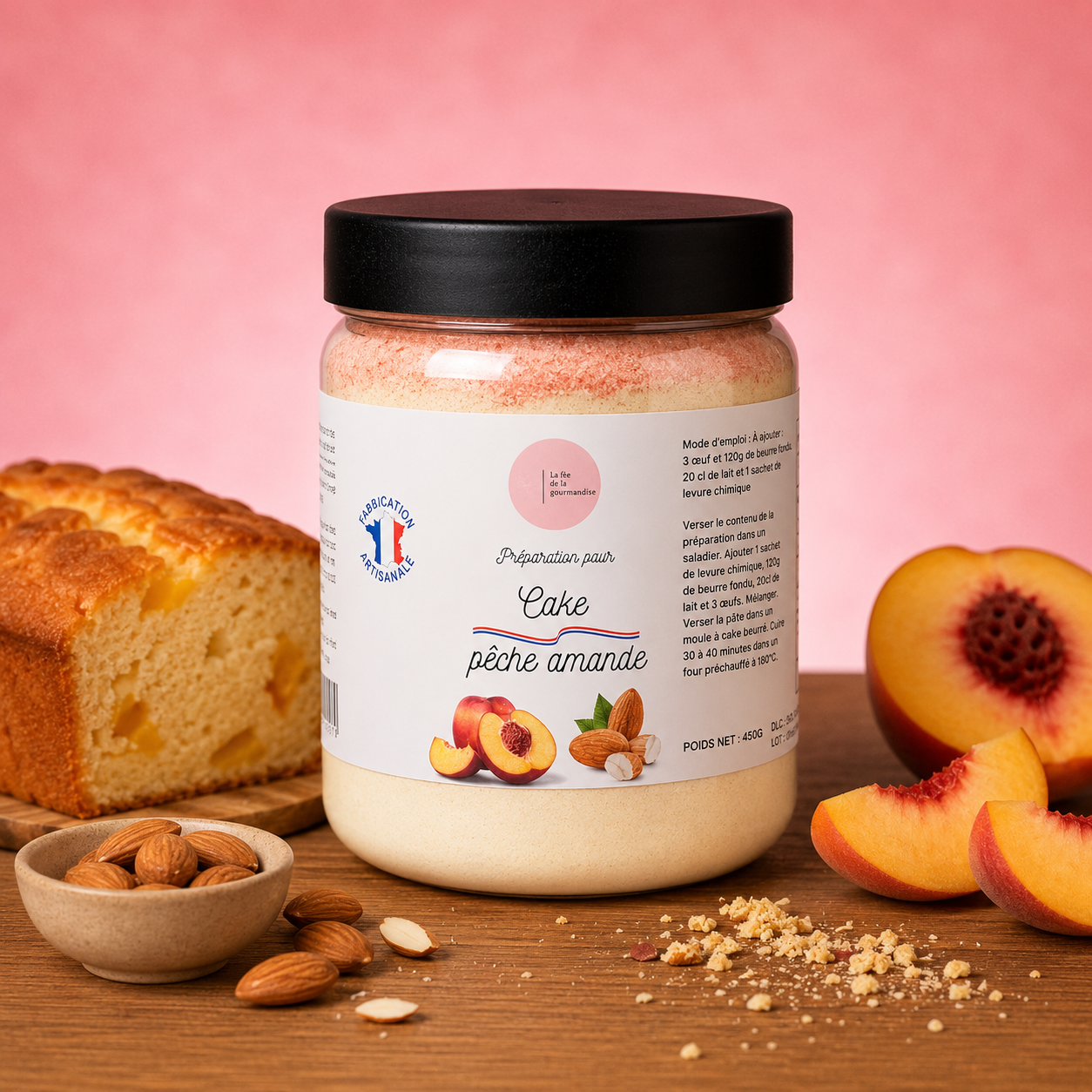 La fée de la gourmandise Cake pêche amande préparation pâtisserie