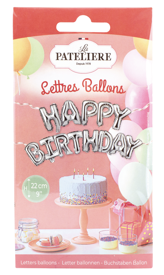 La Patelière Décors et bougies Ballon lettres Happy Birthday argent