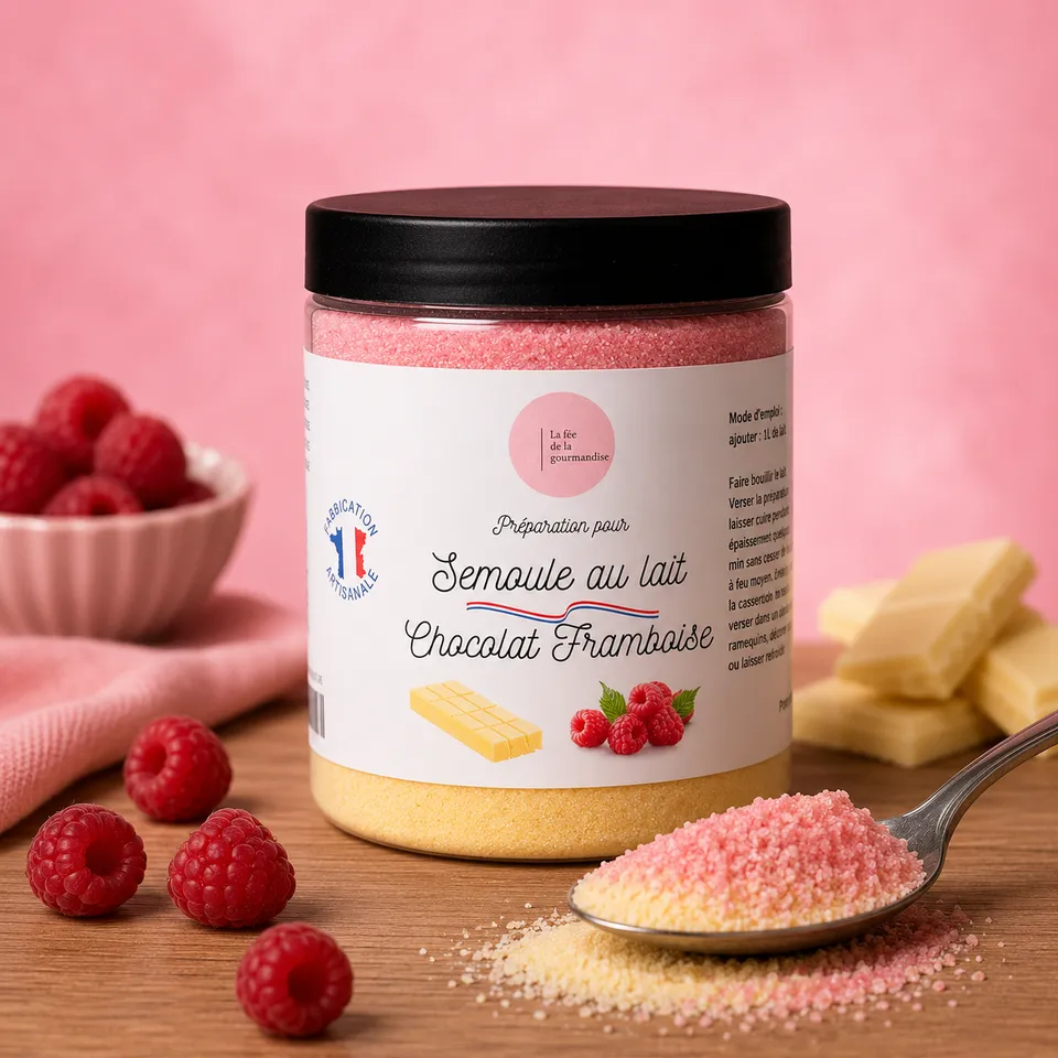 La fée de la gourmandise semoule lait chocolat blanc framboise