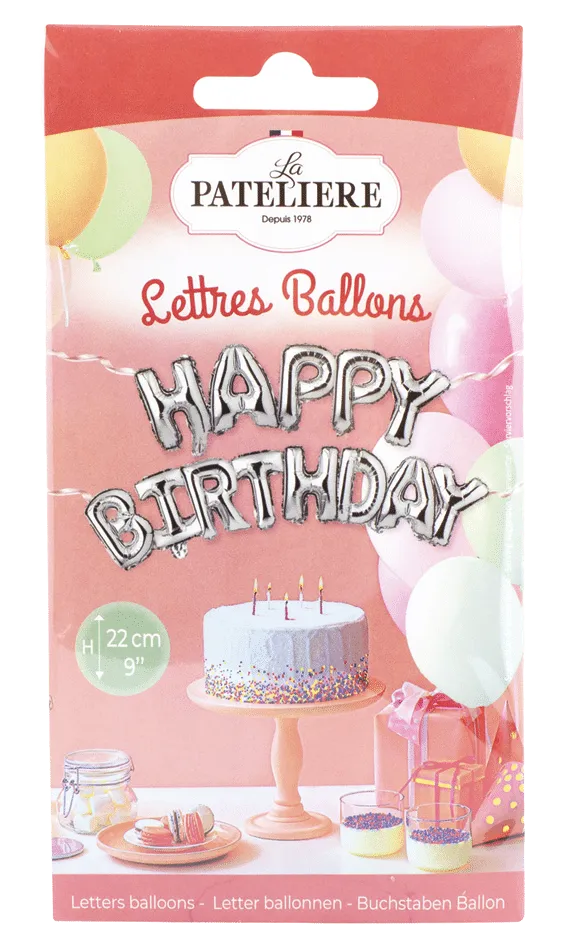 La Patelière Décors et bougies ballon Happy Birthday argenté