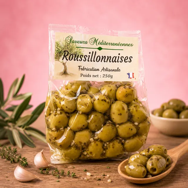 La fée de la gourmandise olives roussillonnaises apéritif 175g ail herbes
