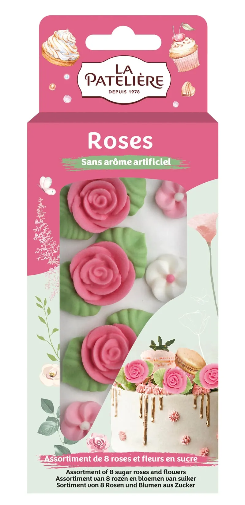 La Patelière Décors et bougies roses en sucre x8 décoration gâteau