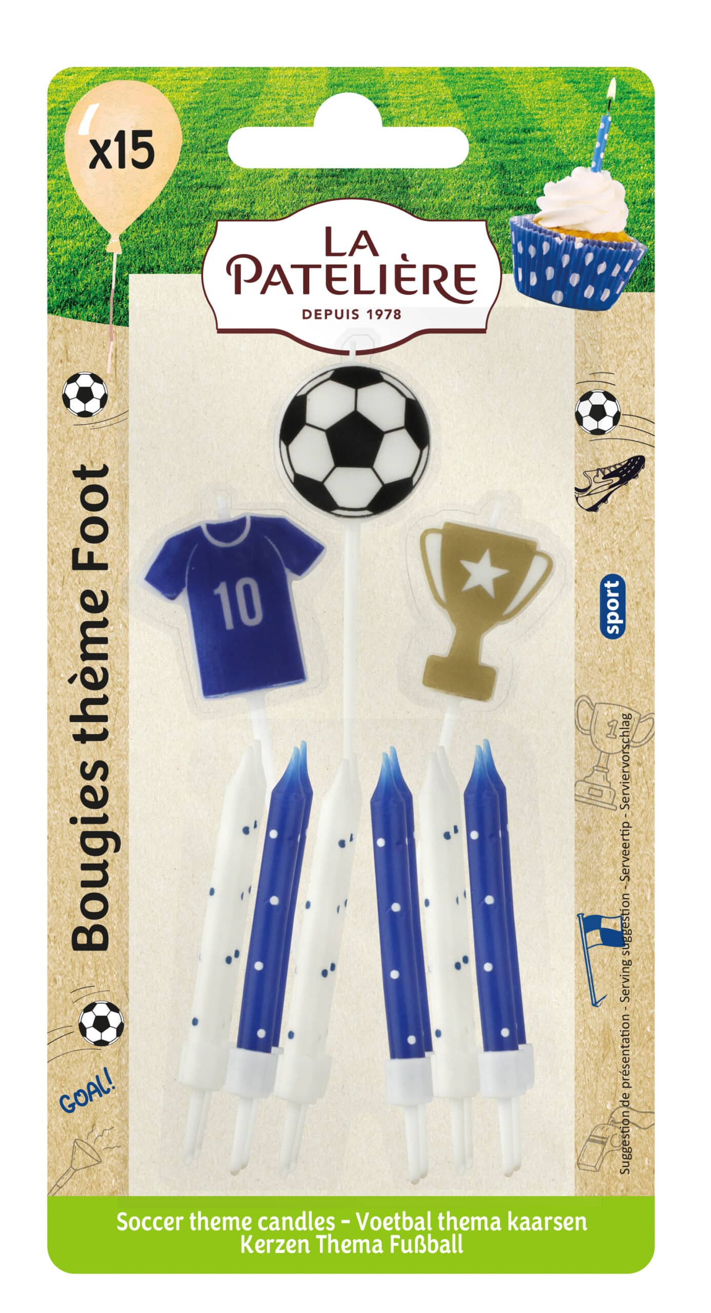 La Patelière Décors et bougies bougies football x15 bleu blanc