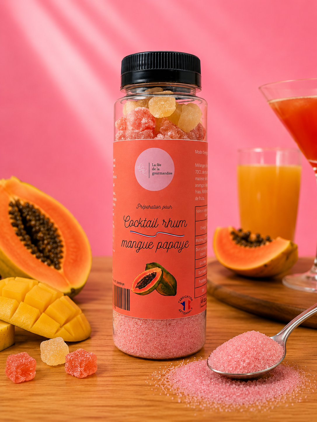 La fée de la gourmandise Mangue Papaye préparation cocktail rhum fruits