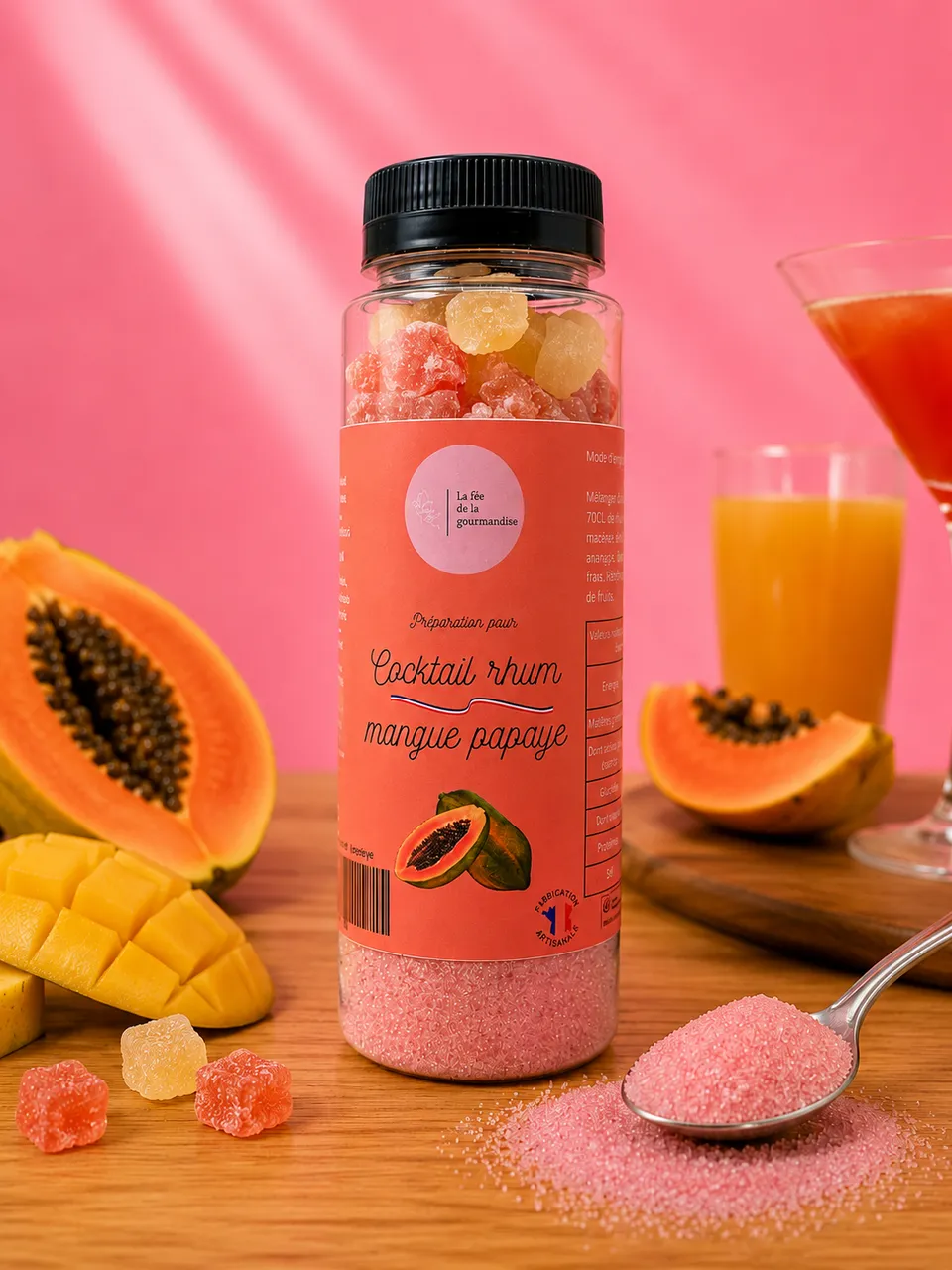 La fée de la gourmandise Mangue Papaye préparation cocktail rhum fruits