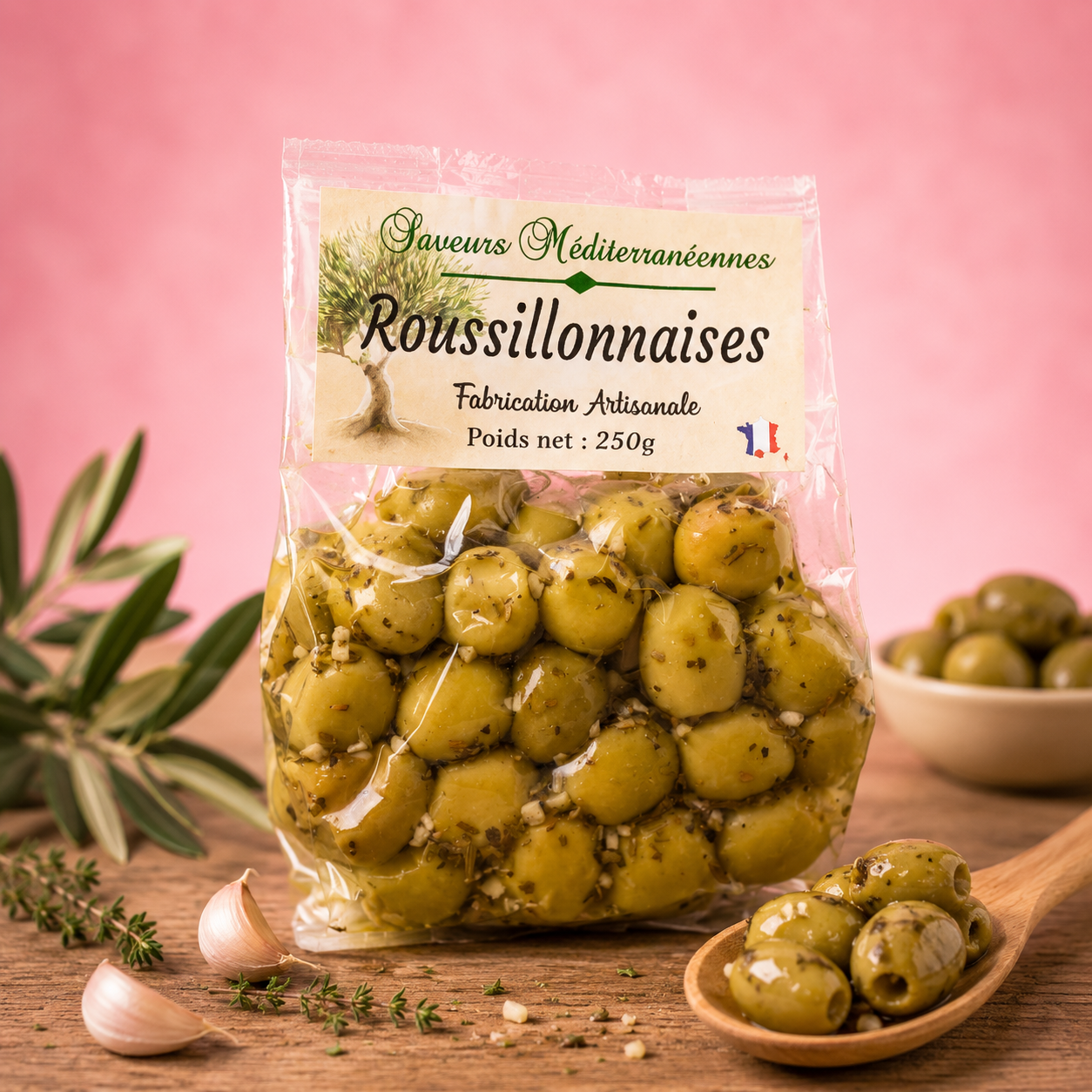La fée de la gourmandise olives roussillonnaises apéritif 175g ail herbes